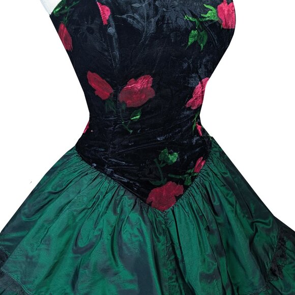 Vintage 80s CORSET Rose Floral Black Velvet Strapless Green Prom Party Dress S - Picture 10 of 16